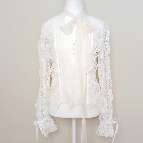 Self-Portrait Tops - Self Portrait Victorian Romantic Sheer Draped Sleeve Lace Paneled Blouse Size 2